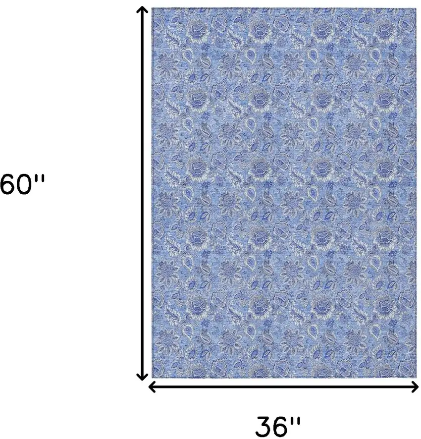 Navy Blue And Denim Blue Floral Washable Indoor Outdoor Area Rug Photo 3