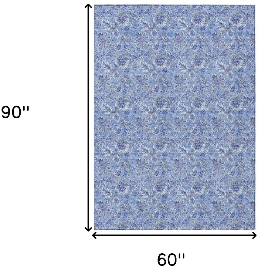 Navy Blue And Denim Blue Floral Washable Indoor Outdoor Area Rug Photo 3