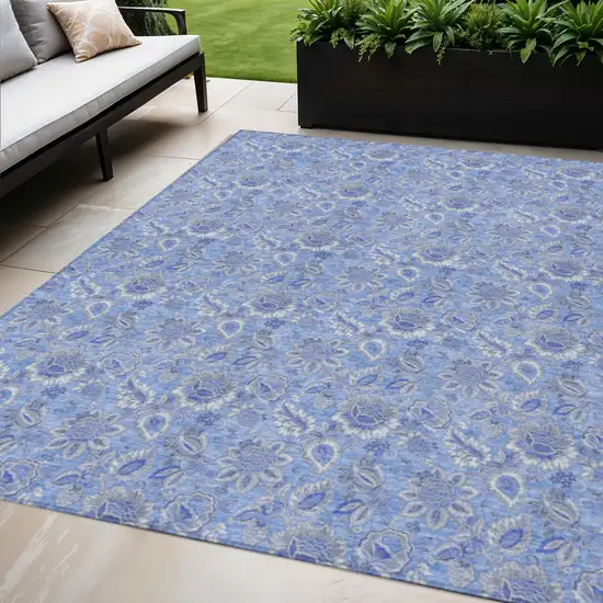 Navy Blue And Denim Blue Floral Washable Indoor Outdoor Area Rug Photo 1