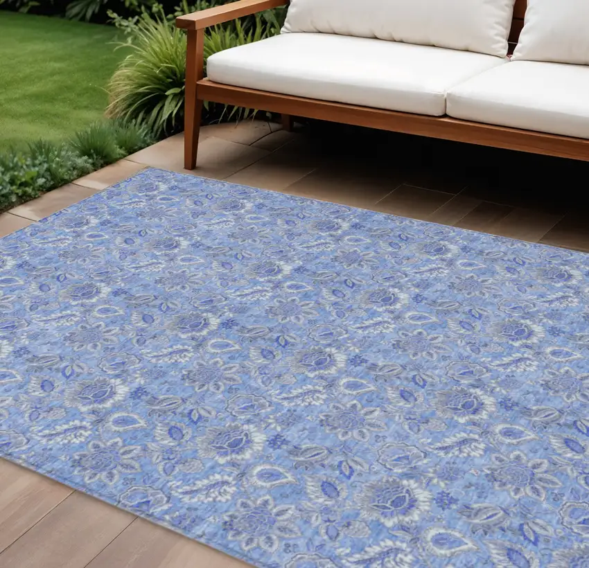 Navy Blue And Denim Blue Floral Washable Indoor Outdoor Area Rug Photo 1