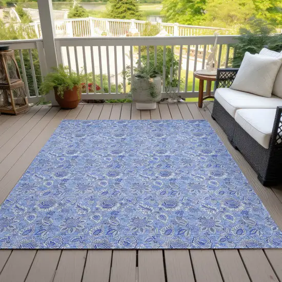 Navy Blue And Denim Blue Floral Washable Indoor Outdoor Area Rug Photo 8