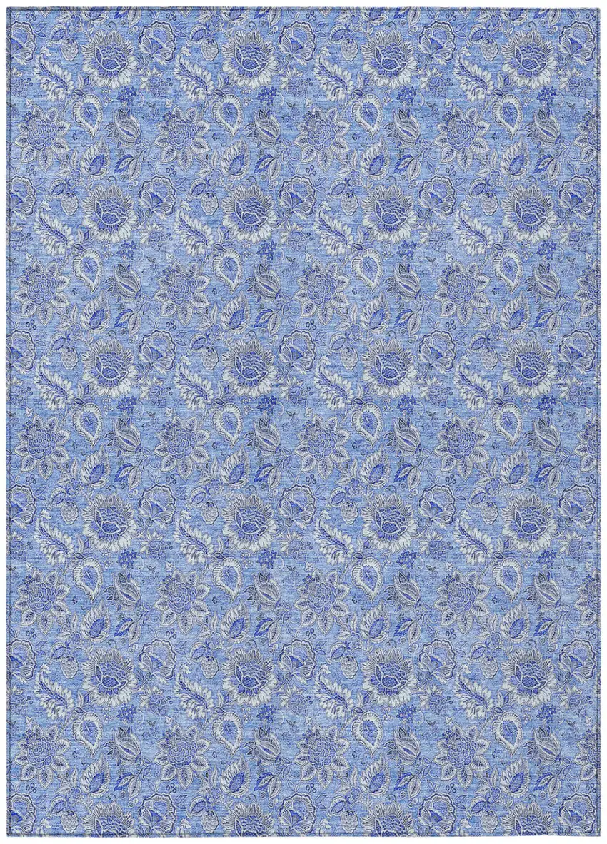 Navy Blue And Denim Blue Floral Washable Indoor Outdoor Area Rug Photo 2