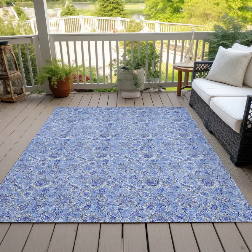 Navy Blue And Denim Blue Floral Washable Indoor Outdoor Area Rug Photo 8