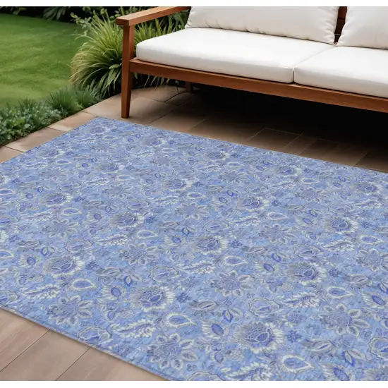 Navy Blue And Denim Blue Floral Washable Indoor Outdoor Area Rug Photo 1