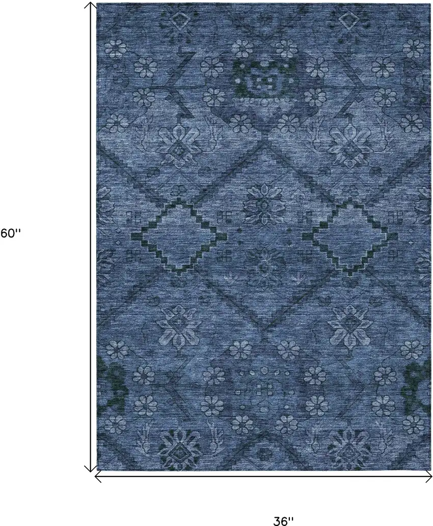 Navy Blue And Denim Blue Floral Washable Indoor Outdoor Area Rug Photo 3