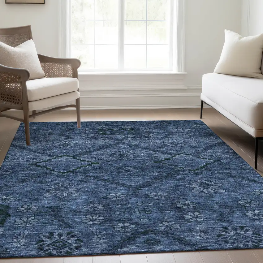 Navy Blue And Denim Blue Floral Washable Indoor Outdoor Area Rug Photo 9