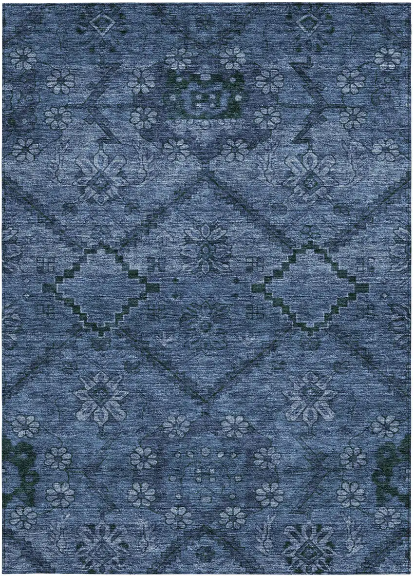 Navy Blue And Denim Blue Floral Washable Indoor Outdoor Area Rug Photo 7