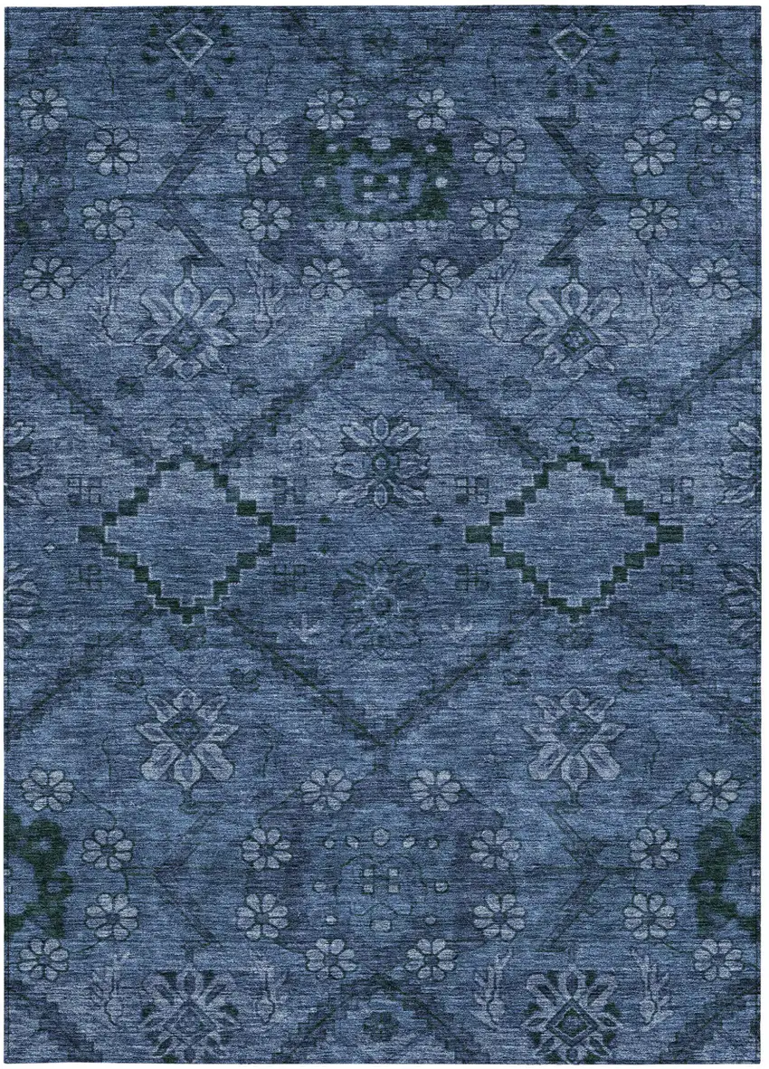 Navy Blue And Denim Blue Floral Washable Indoor Outdoor Area Rug Photo 7