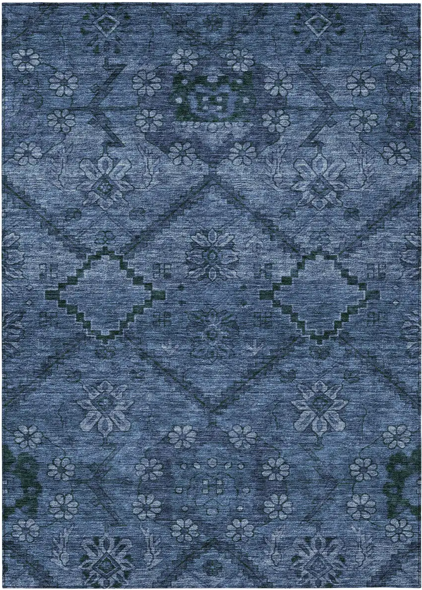 Navy Blue And Denim Blue Floral Washable Indoor Outdoor Area Rug Photo 2