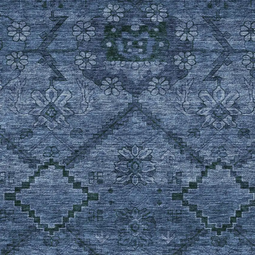 Navy Blue And Denim Blue Floral Washable Indoor Outdoor Area Rug Photo 6