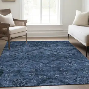 Photo of Navy Blue And Denim Blue Floral Washable Indoor Outdoor Area Rug