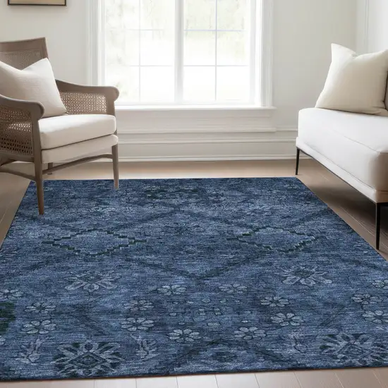 Navy Blue And Denim Blue Floral Washable Indoor Outdoor Area Rug Photo 9
