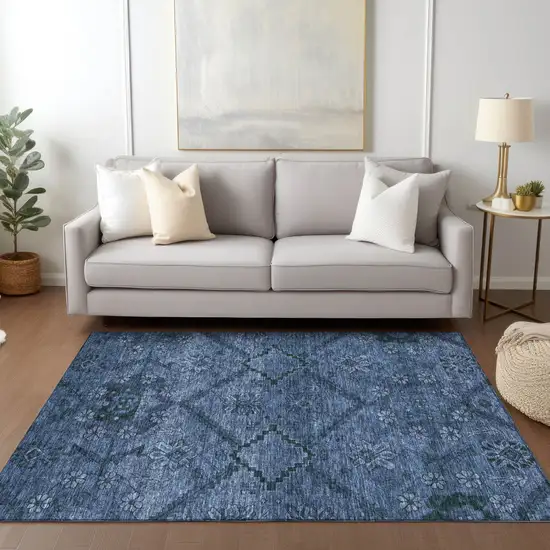 Navy Blue And Denim Blue Floral Washable Indoor Outdoor Area Rug Photo 9