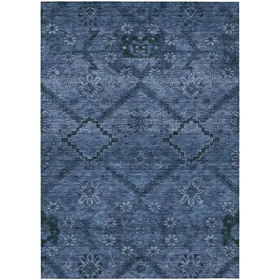 Navy Blue And Denim Blue Floral Washable Indoor Outdoor Area Rug Photo 2
