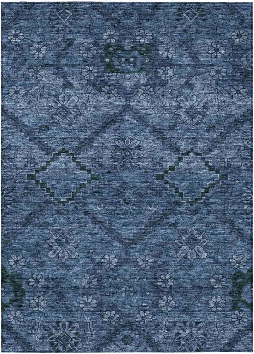 Navy Blue And Denim Blue Floral Washable Indoor Outdoor Area Rug Photo 2