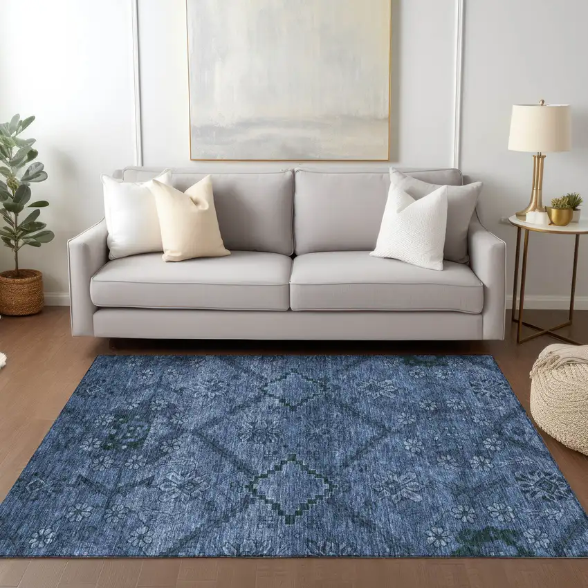 Navy Blue And Denim Blue Floral Washable Indoor Outdoor Area Rug Photo 9