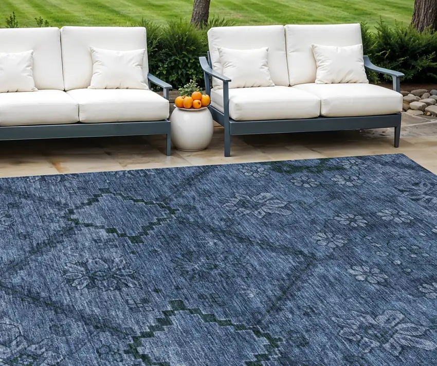 Navy Blue And Denim Blue Floral Washable Indoor Outdoor Area Rug Photo 1