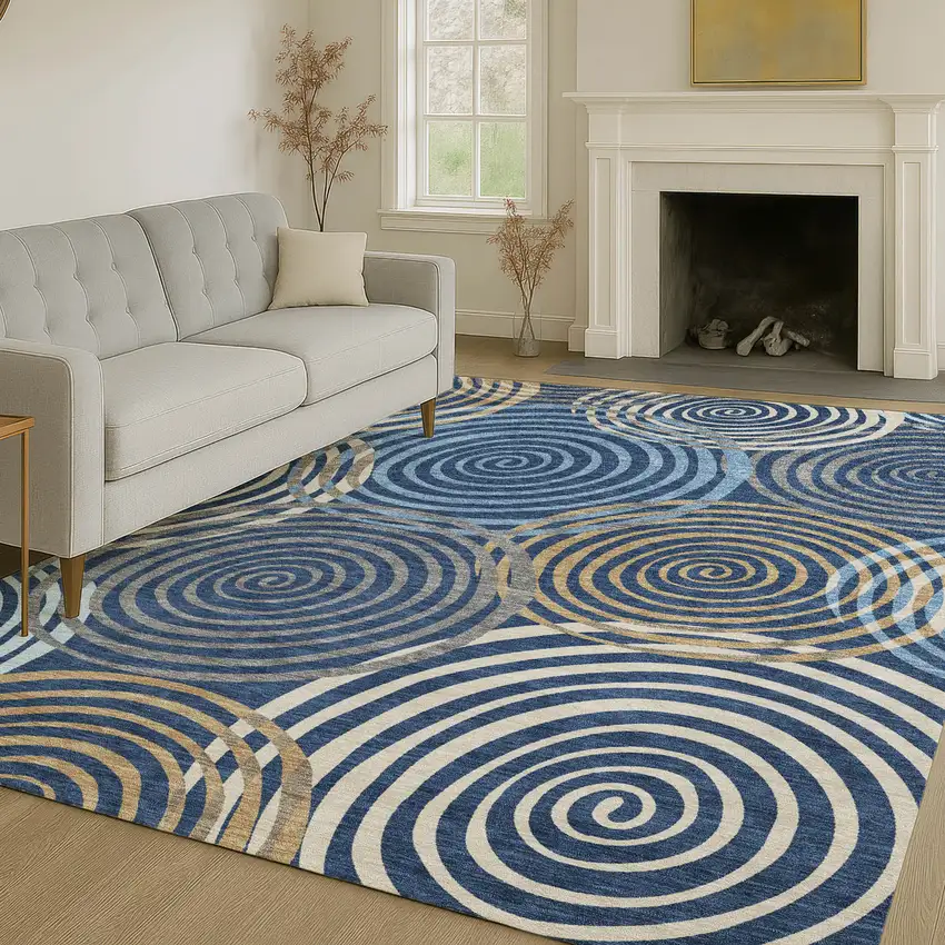 Navy Blue And Denim Blue Geometric Washable Indoor Outdoor Area Rug Photo 6