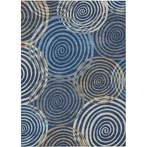 Photo of Navy Blue And Denim Blue Geometric Washable Indoor Outdoor Area Rug