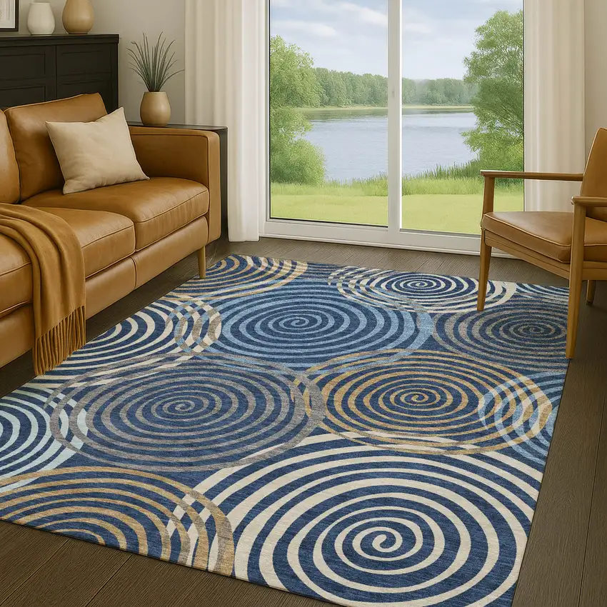 Navy Blue And Denim Blue Geometric Washable Indoor Outdoor Area Rug Photo 5
