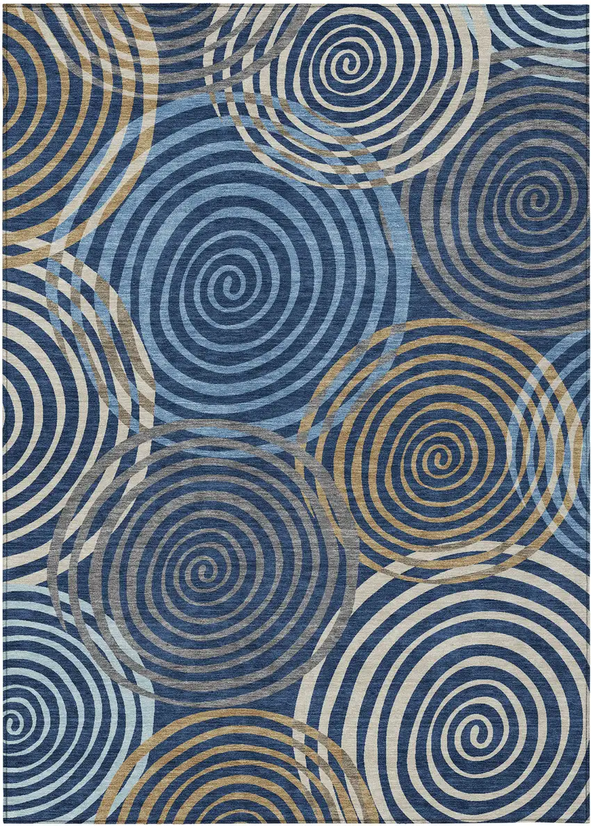 Navy Blue And Denim Blue Geometric Washable Indoor Outdoor Area Rug Photo 1