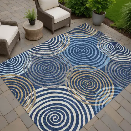 Navy Blue And Denim Blue Geometric Washable Indoor Outdoor Area Rug Photo 7