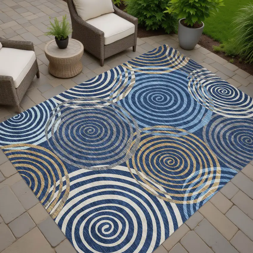 Navy Blue And Denim Blue Geometric Washable Indoor Outdoor Area Rug Photo 7