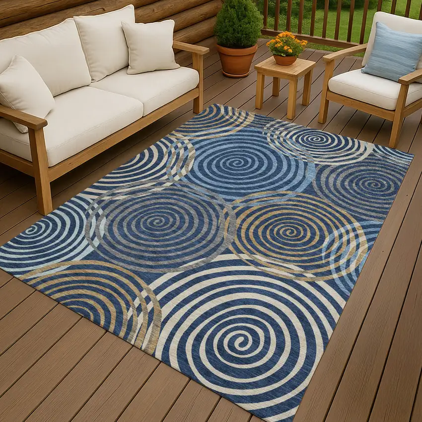 Navy Blue And Denim Blue Geometric Washable Indoor Outdoor Area Rug Photo 4