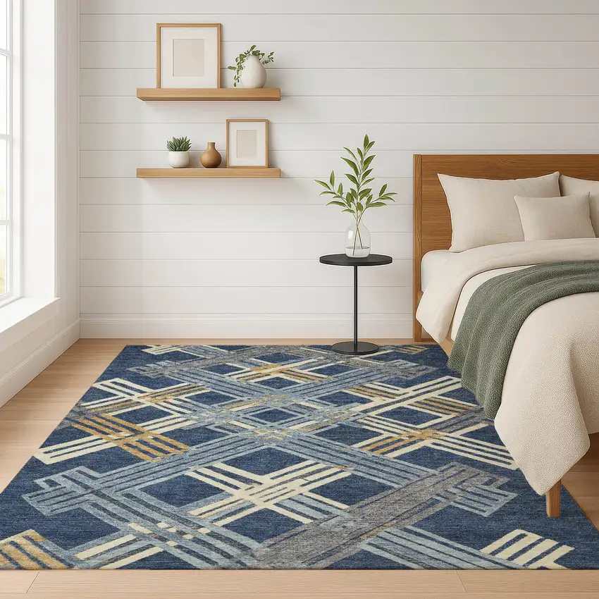 Navy Blue And Denim Blue Geometric Washable Indoor Outdoor Area Rug Photo 6