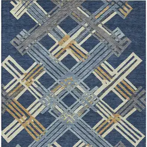 Photo of Navy Blue And Denim Blue Geometric Washable Indoor Outdoor Area Rug