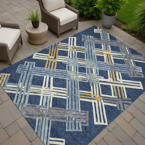 Navy Blue And Denim Blue Geometric Washable Indoor Outdoor Area Rug Photo 7