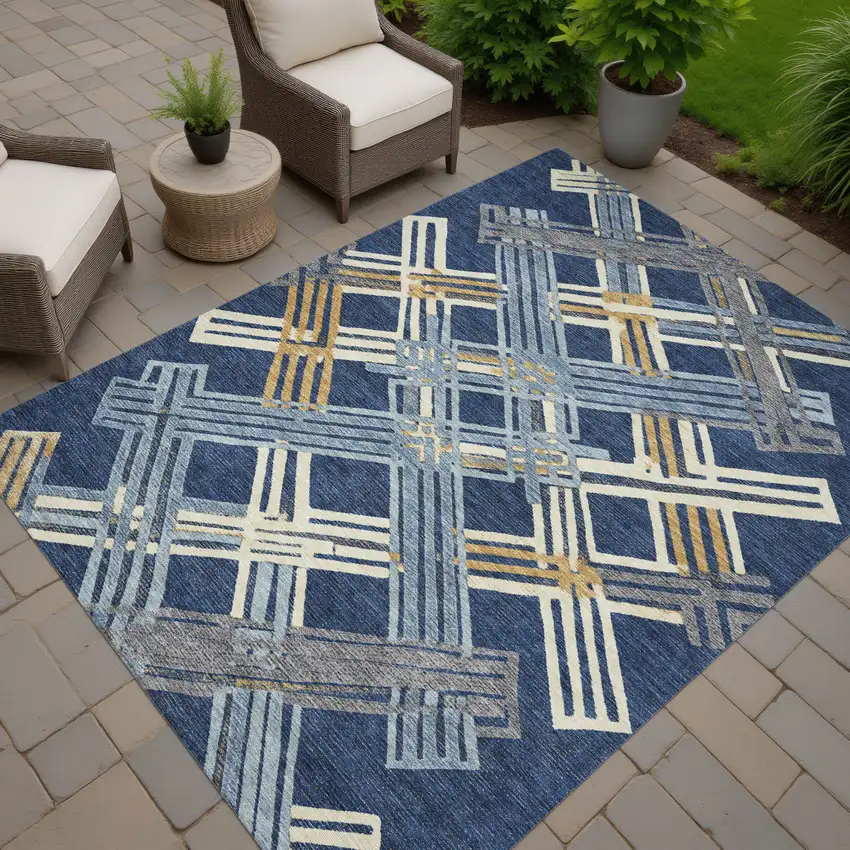 Navy Blue And Denim Blue Geometric Washable Indoor Outdoor Area Rug Photo 7
