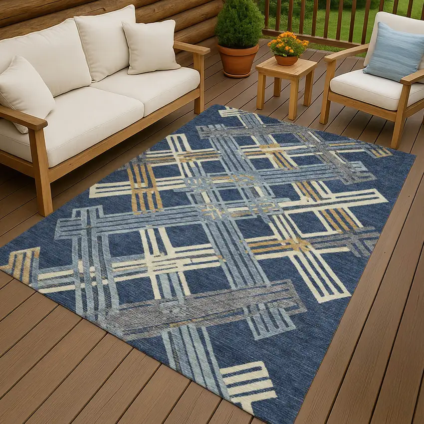 Navy Blue And Denim Blue Geometric Washable Indoor Outdoor Area Rug Photo 4