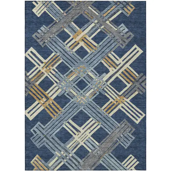 Navy Blue And Denim Blue Geometric Washable Indoor Outdoor Area Rug Photo 1
