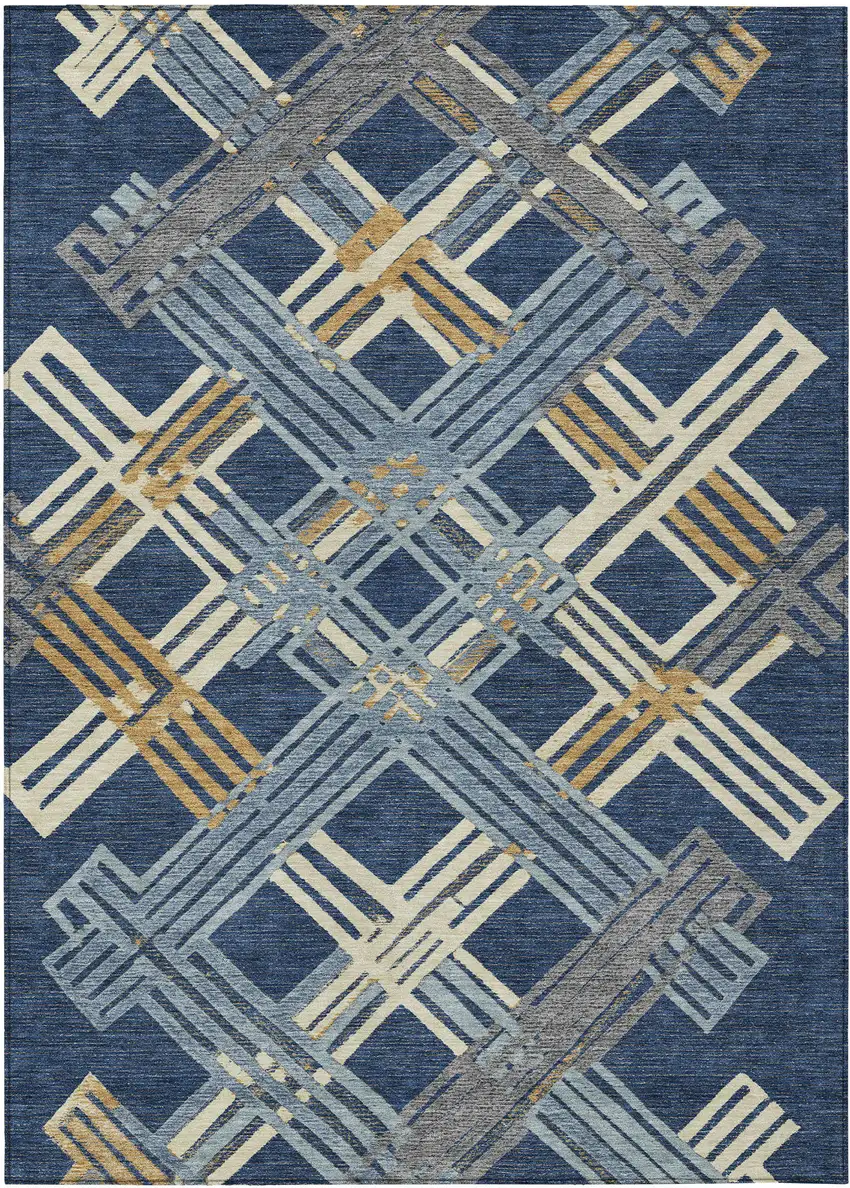 Navy Blue And Denim Blue Geometric Washable Indoor Outdoor Area Rug Photo 1