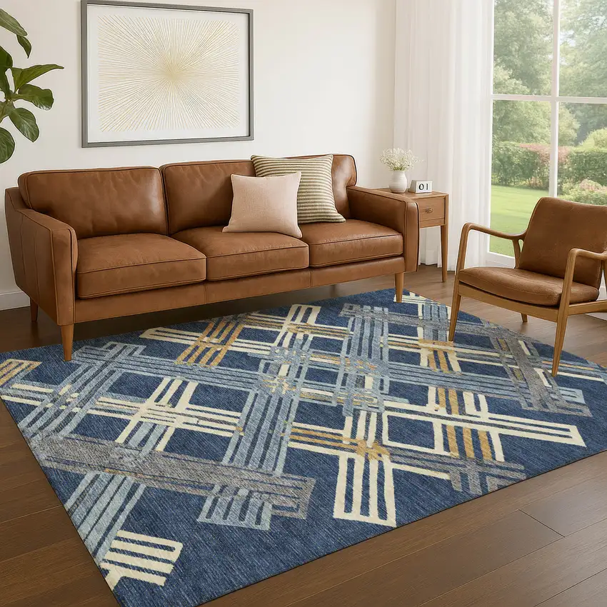 Navy Blue And Denim Blue Geometric Washable Indoor Outdoor Area Rug Photo 5