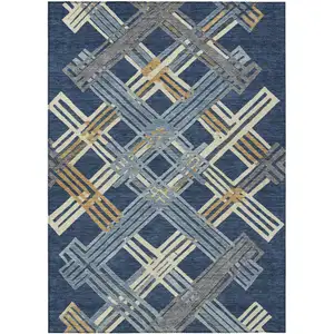 Photo of Navy Blue And Denim Blue Geometric Washable Indoor Outdoor Area Rug