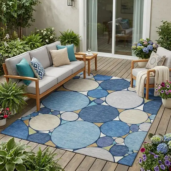 Navy Blue And Denim Blue Geometric Washable Indoor Outdoor Area Rug Photo 1