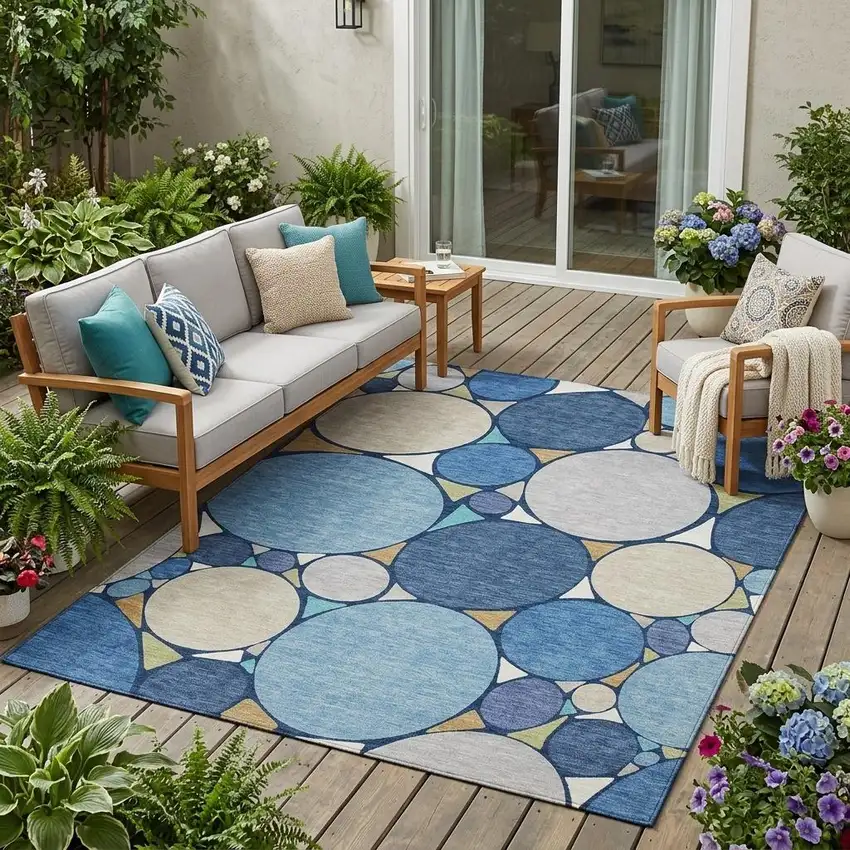 Navy Blue And Denim Blue Geometric Washable Indoor Outdoor Area Rug Photo 1