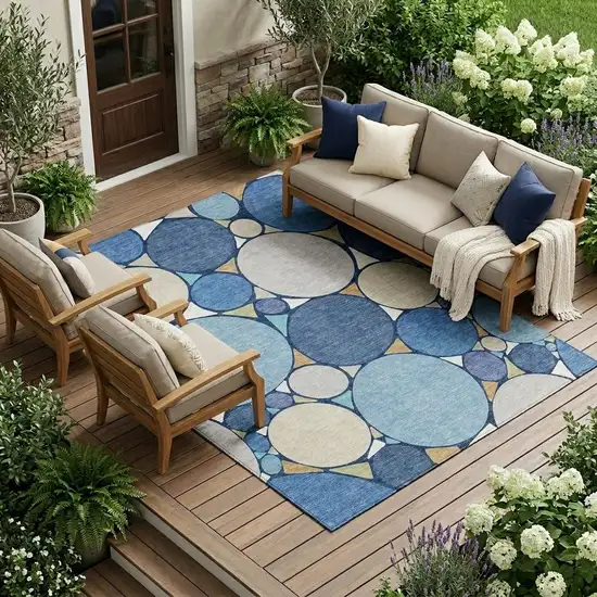 Navy Blue And Denim Blue Geometric Washable Indoor Outdoor Area Rug Photo 1