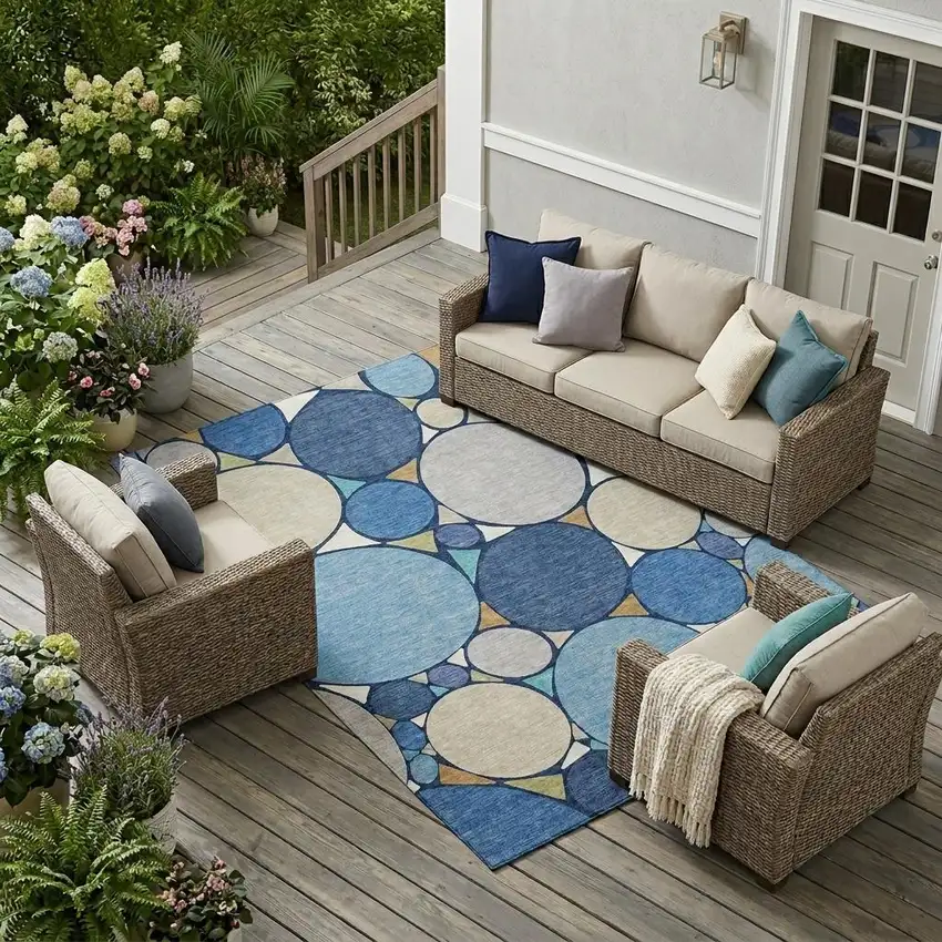 Navy Blue And Denim Blue Geometric Washable Indoor Outdoor Area Rug Photo 1