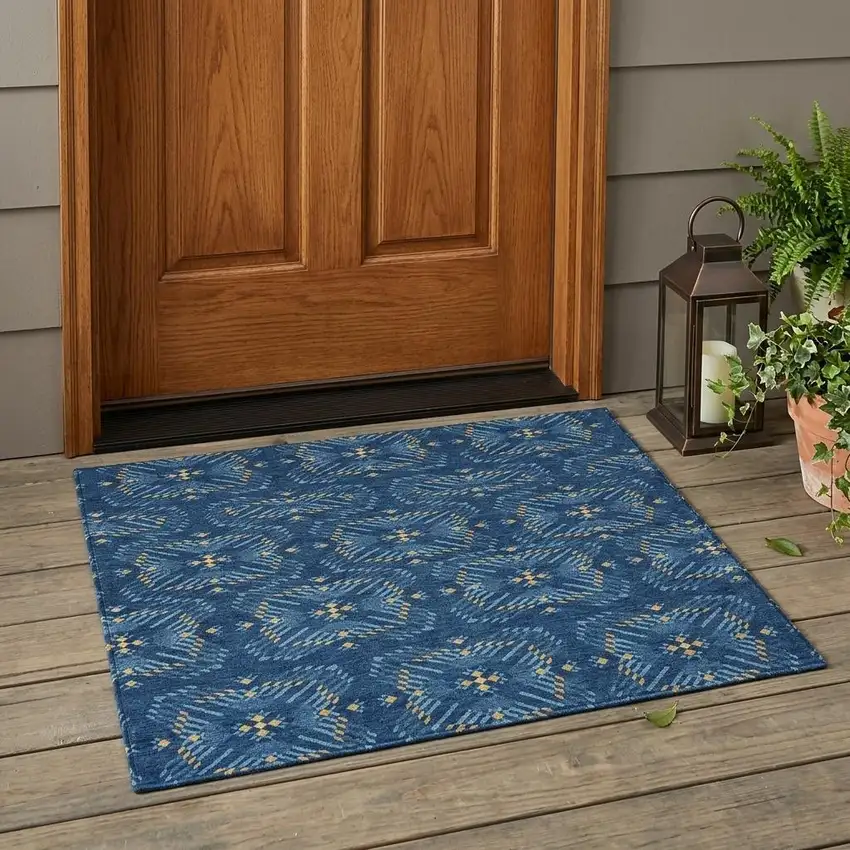 Navy Blue And Denim Blue Geometric Washable Indoor Outdoor Area Rug Photo 1