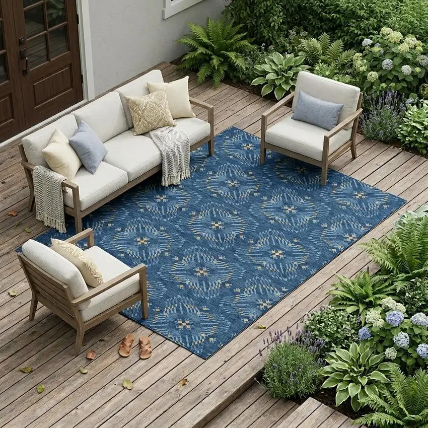 Navy Blue And Denim Blue Geometric Washable Indoor Outdoor Area Rug Photo 1