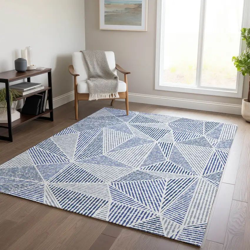 Navy Blue And Denim Blue Geometric Washable Indoor Outdoor Area Rug Photo 8
