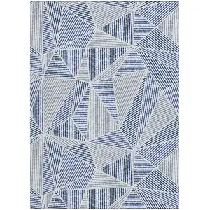 Photo of Navy Blue And Denim Blue Geometric Washable Indoor Outdoor Area Rug