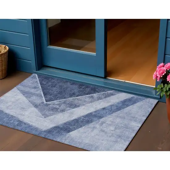 Navy Blue And Denim Blue Geometric Washable Indoor Outdoor Area Rug Photo 1