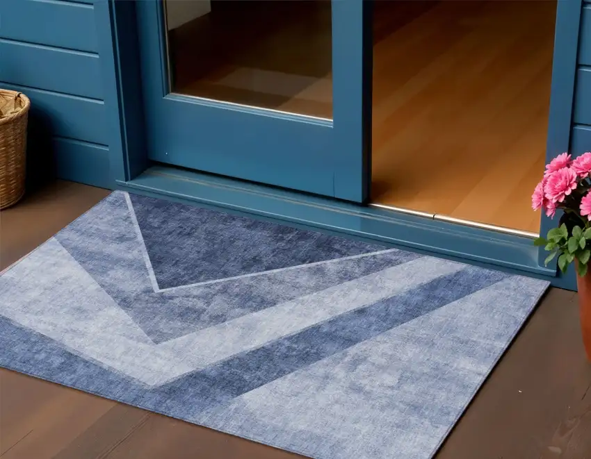 Navy Blue And Denim Blue Geometric Washable Indoor Outdoor Area Rug Photo 1