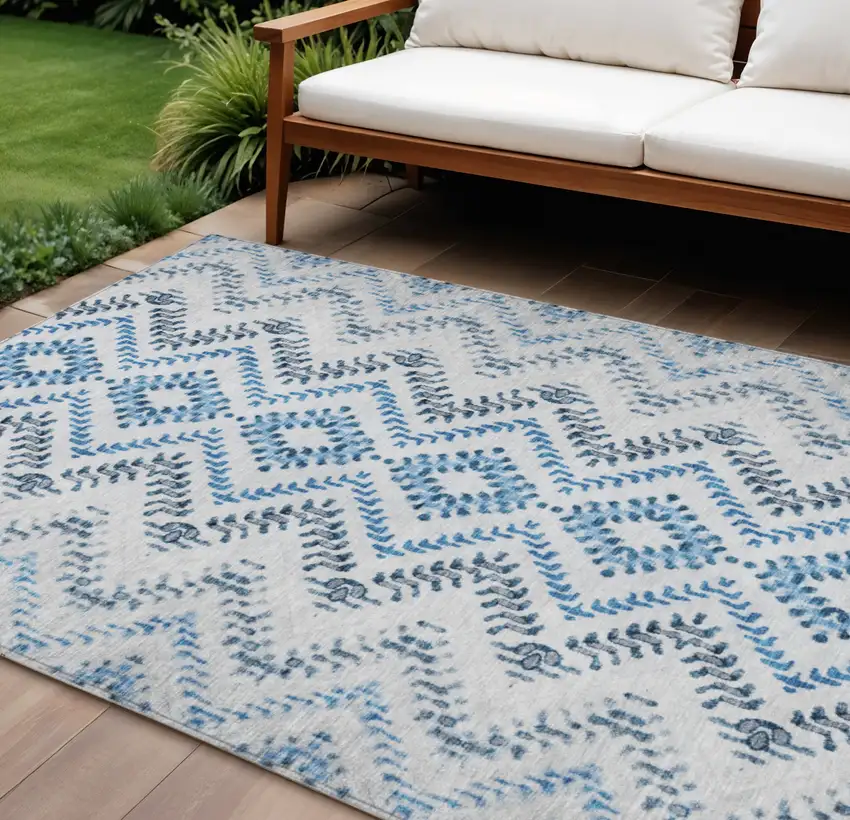 Navy Blue And Denim Blue Geometric Washable Indoor Outdoor Area Rug Photo 1