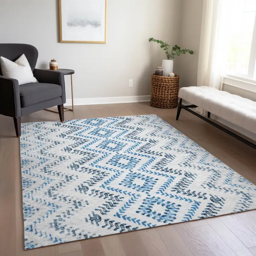 Navy Blue And Denim Blue Geometric Washable Indoor Outdoor Area Rug Photo 9