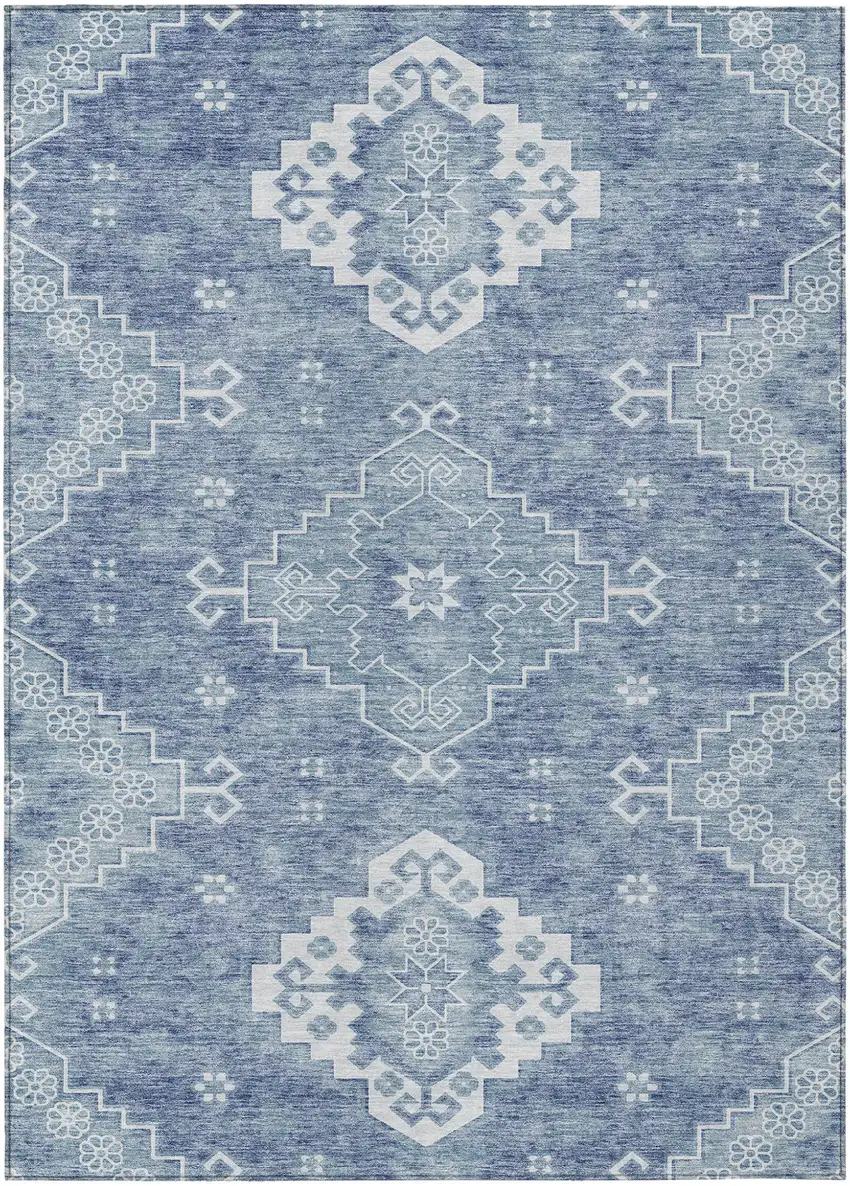 Navy Blue And Denim Blue Medallion Washable Indoor Outdoor Area Rug Photo 2